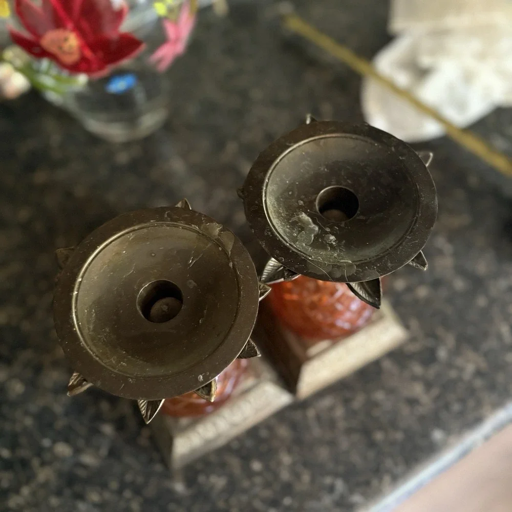Vintage Orange Glass Pineapple Brass Sticks
